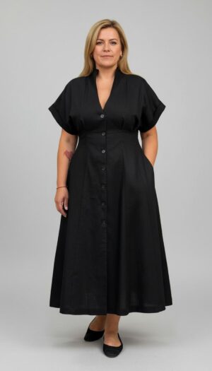 19 Lina kleita ar pogam , veido siluetu.Melna krasa, 162 eur